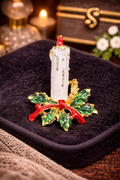 Vintage Style Christmas Candle Brooch White Enamel Holly Bow Gold Tone Holiday Pin