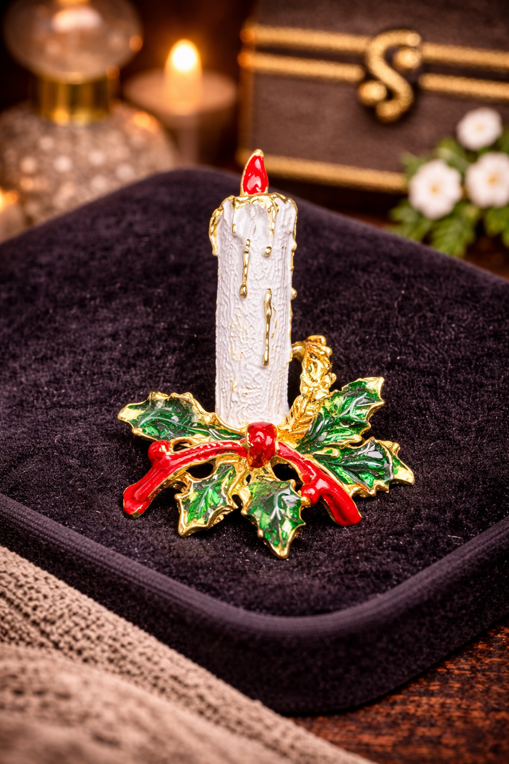 Vintage Style Christmas Candle Brooch White Enamel Holly Bow Gold Tone Holiday Pin