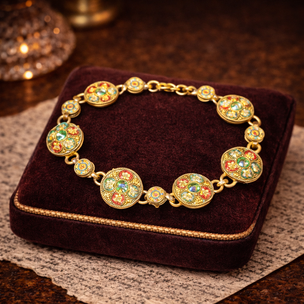 (SOLD) Vintage Italian Style Micro Mosaic Link Bracelet Gold Tone Floral Mosaic Bracelet Multicolor Glass Tesserae
