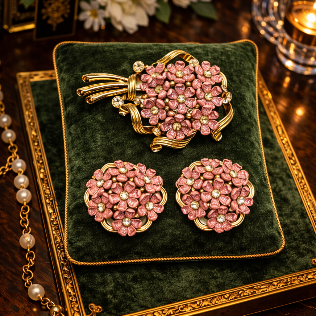 Vintage Coro Pink Enamel Flower Bouquet Demi Parure Brooch and Earrings Rhinestone Set