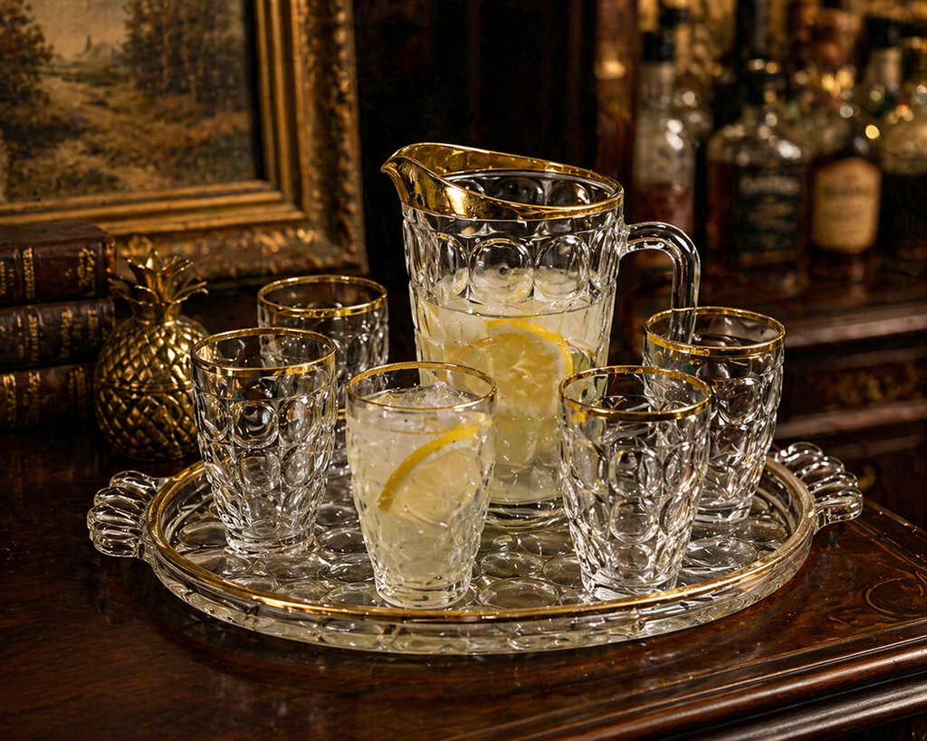 Jeannette Thumbprint Glass Beverage Set Gold Rim Pitcher Glasses Tray Vintage