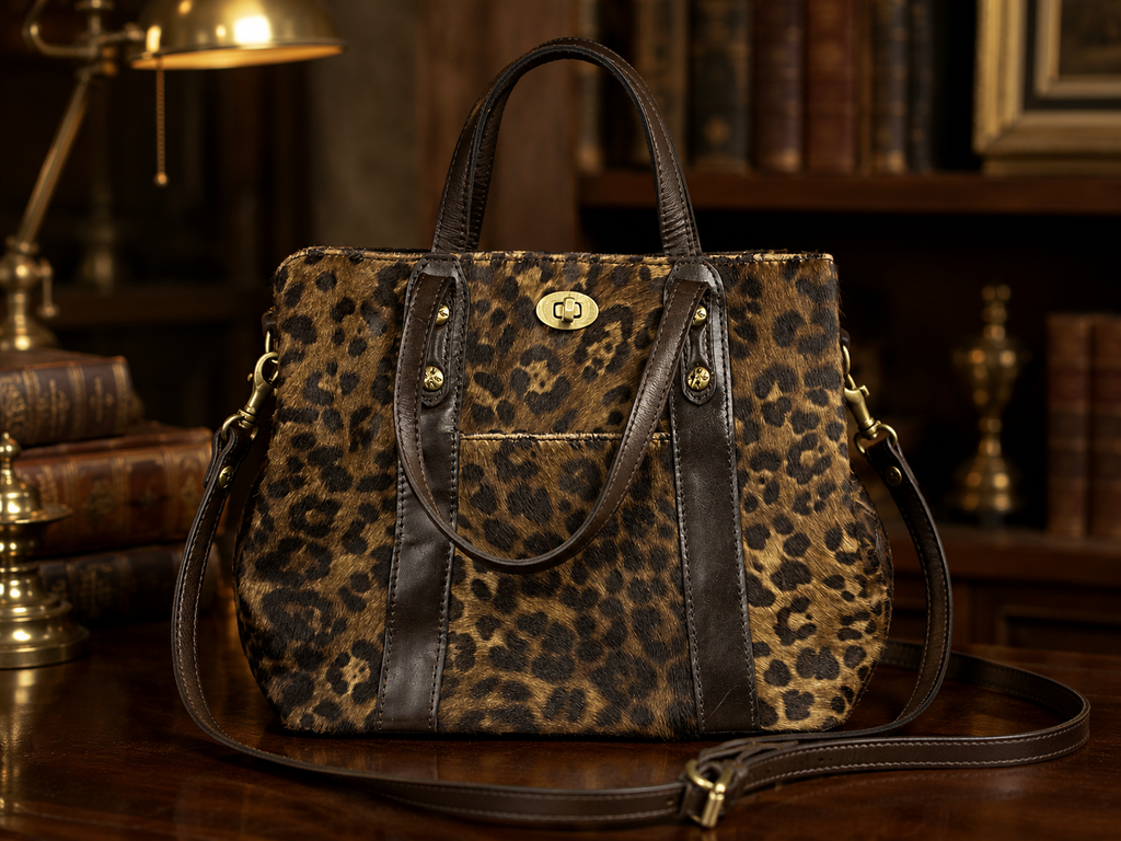 Patricia Nash Leopard Print Satchel Handbag with Dark Brown Leather Trim