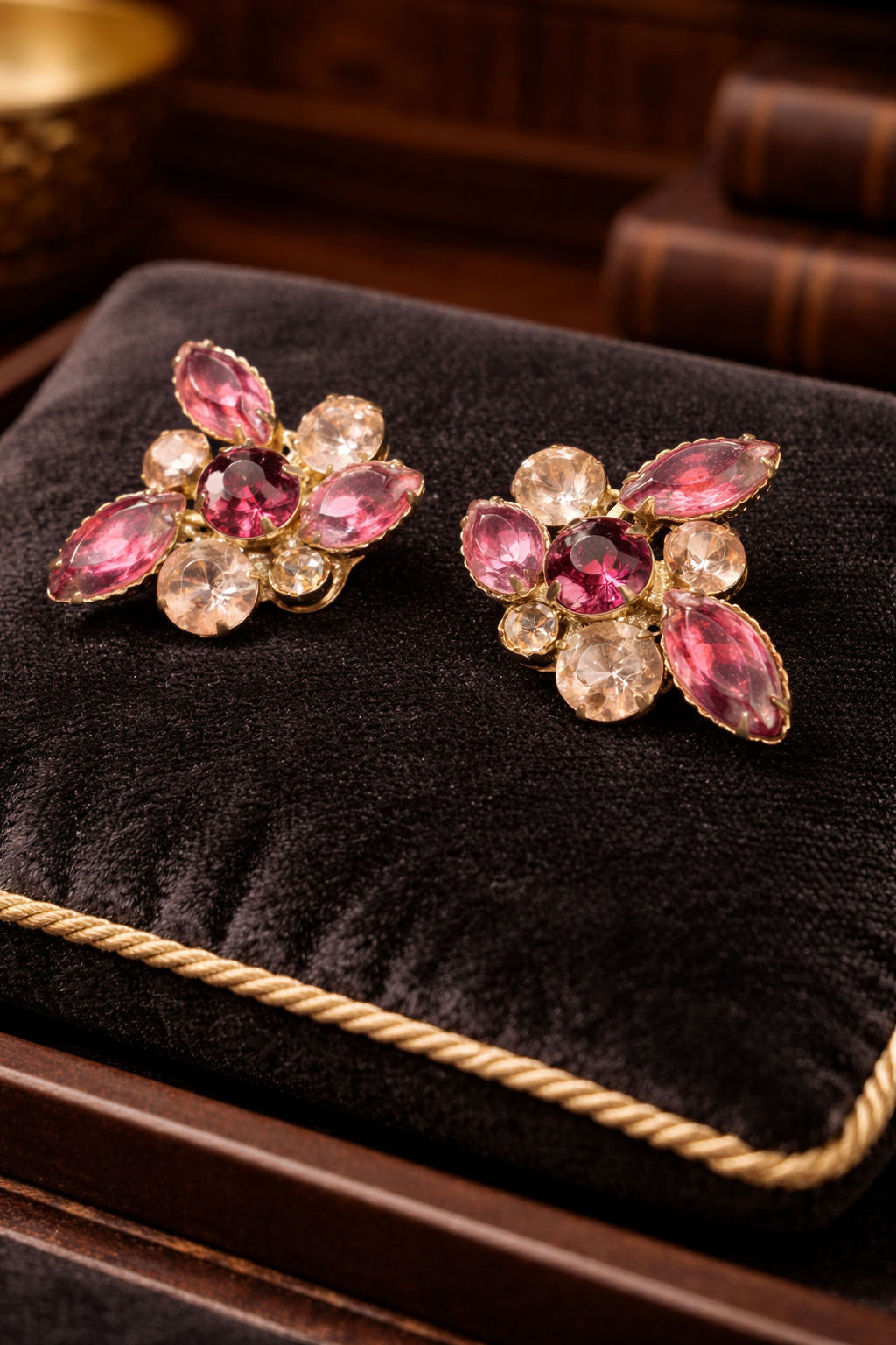 Gold Tone Pink and Clear Crystal Floral Cluster Clip Earrings Marquise Rhinestone Vintage Statement Jewelry