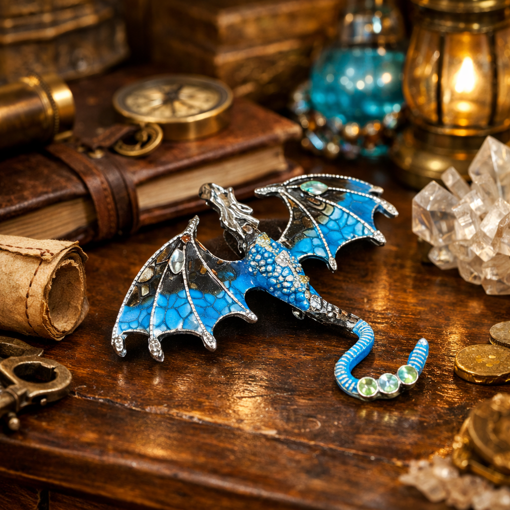 Silver Tone Blue Flying Dragon Brooch Enamel Wings Rhinestone Fantasy Creature Pin