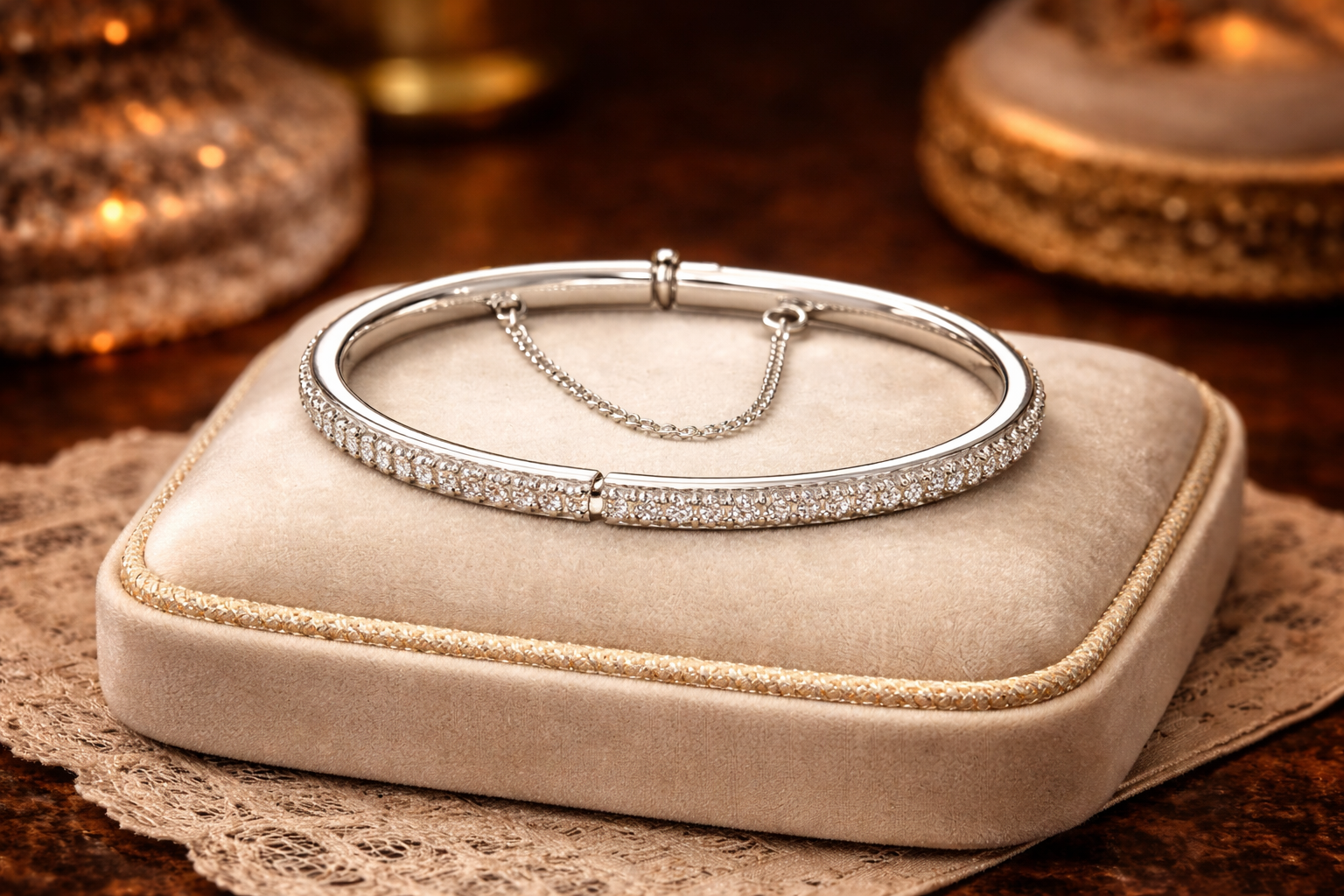 Silver Tone Hinged Bangle Bracelet with Crystal Edge
