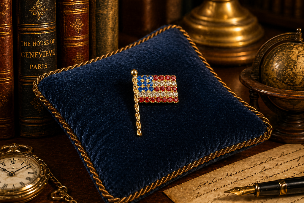 Eisenberg Ice gold tone American flag brooch with red white and blue crystals