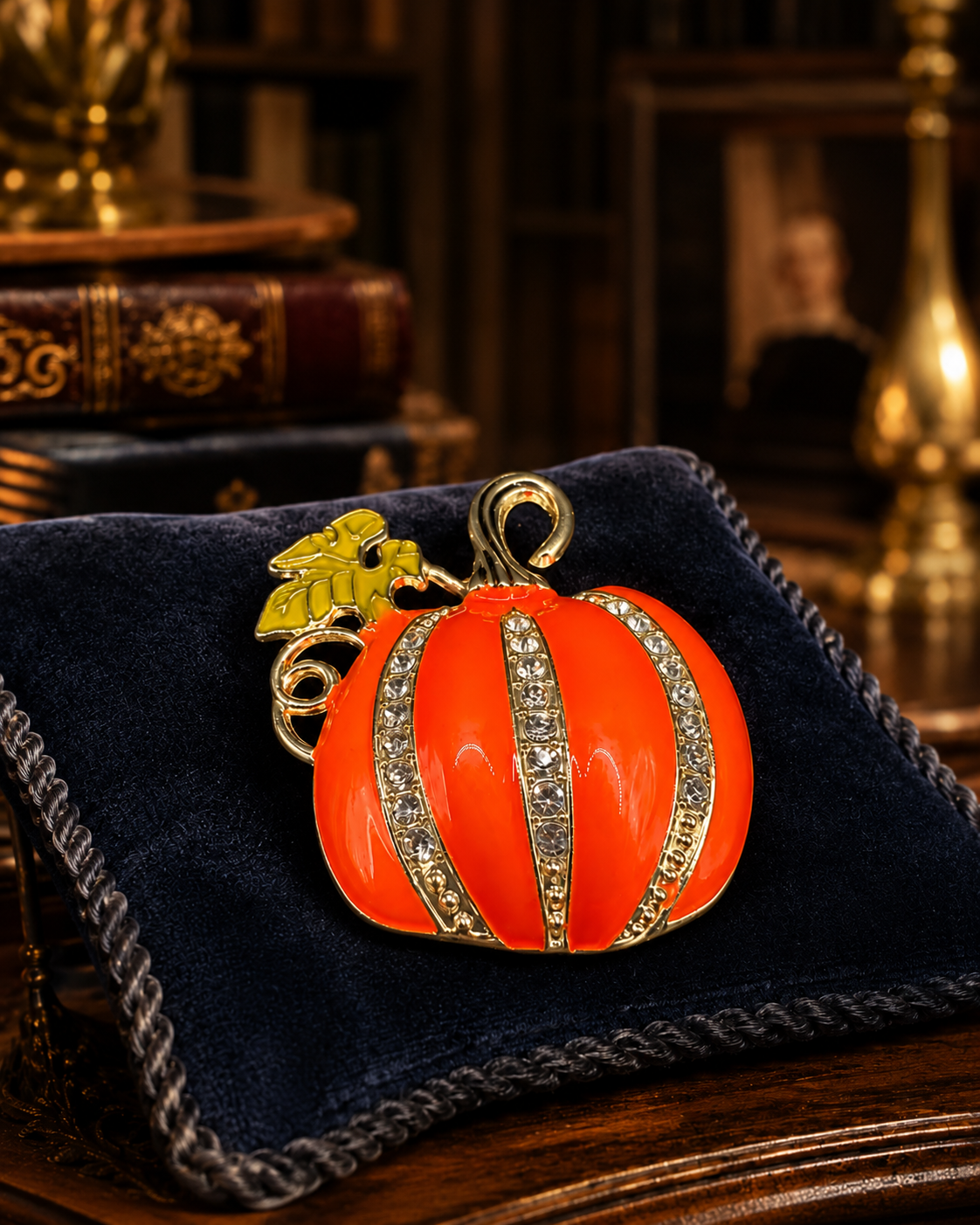 Gold Tone Orange Pumpkin Brooch with Rhinestone Stripes | Autumn Harvest Statement Pin