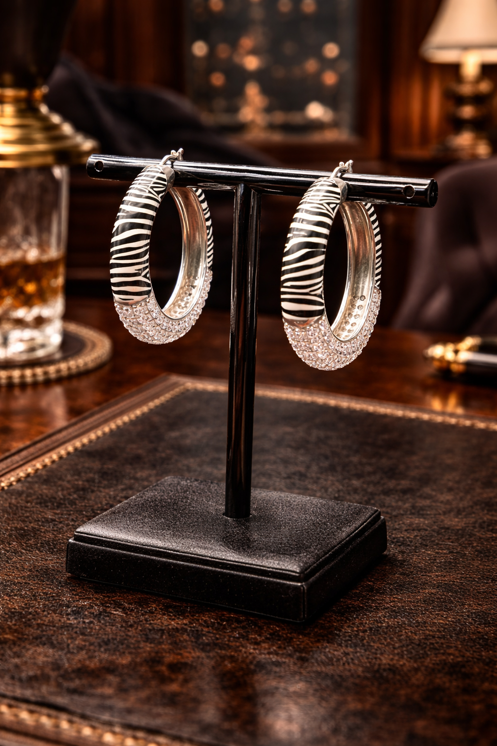 925 Sterling Silver Moissanite Pave Hoop Earrings Zebra Pattern Large Statement Hoops 1.5in 18.2g
