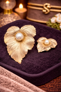 Sarah Coventry Gold Tone Leaf Brooch & Earrings Set Faux Pearl Vintage Floral Jewelry