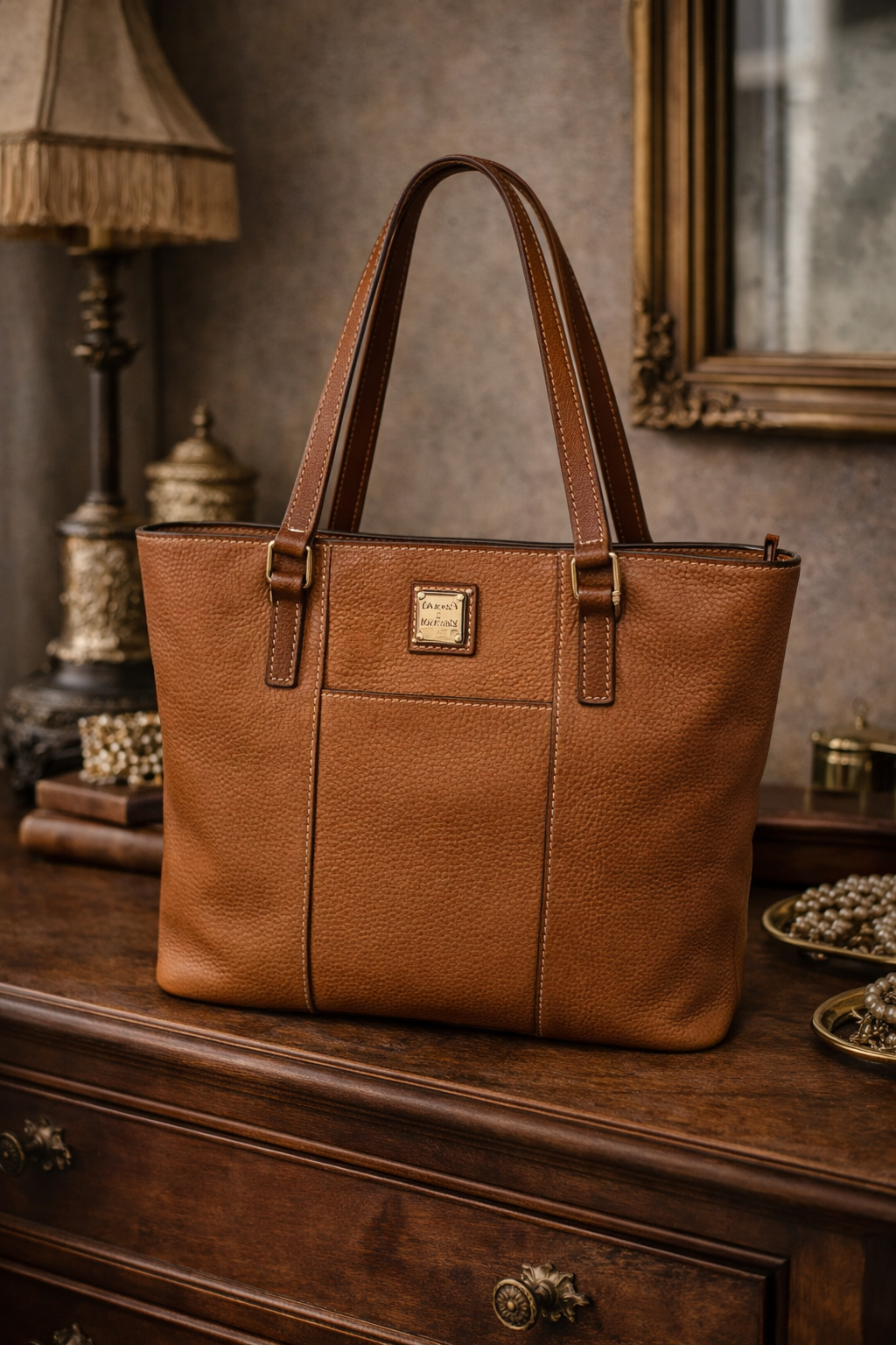 Dooney & Bourke Lexington Pebbled Leather Shopper Tote Camel Tan Shoulder Bag