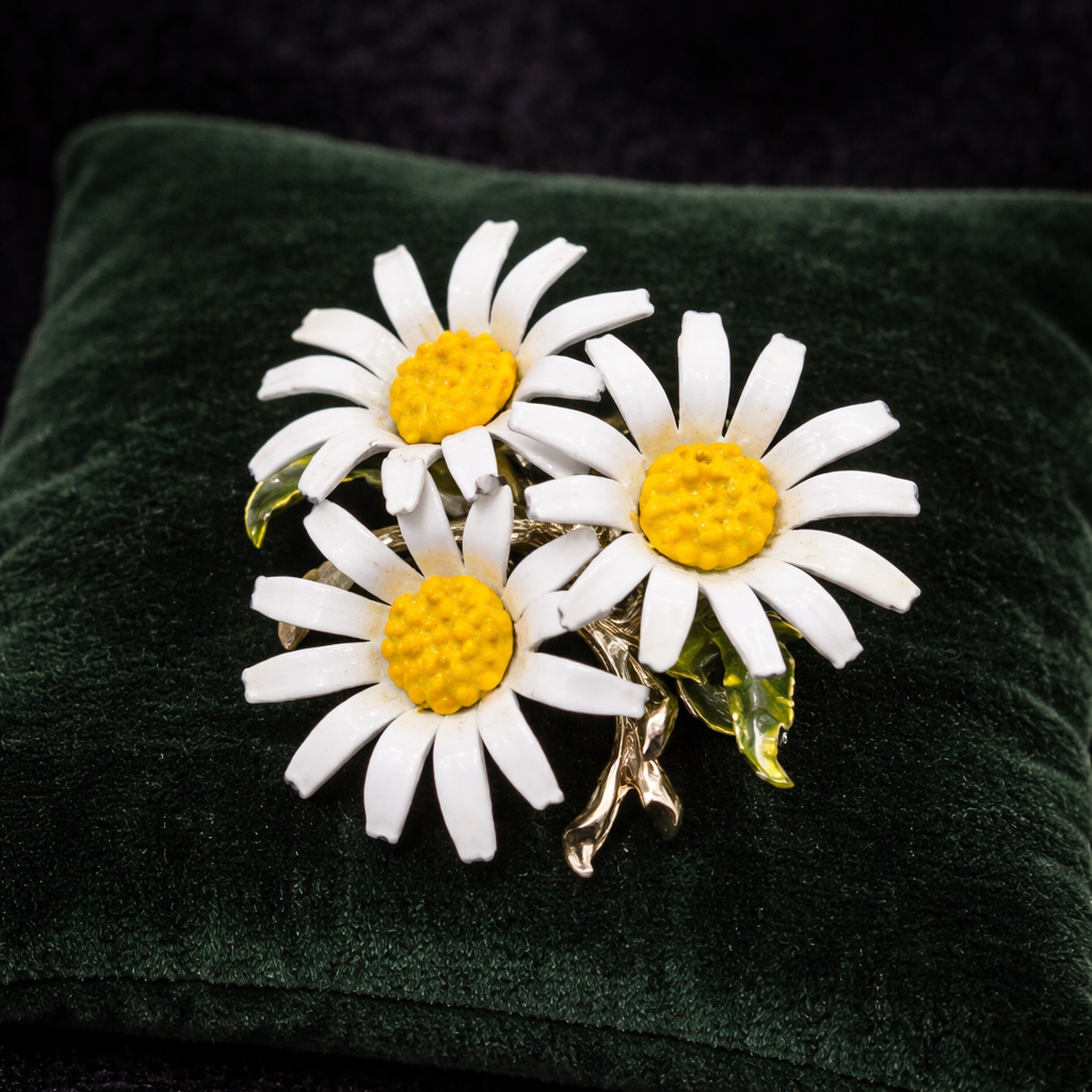 Vintage White Enamel Daisy Flower Brooch Pin with Yellow Centers | Retro Spring Garden Floral Cluster