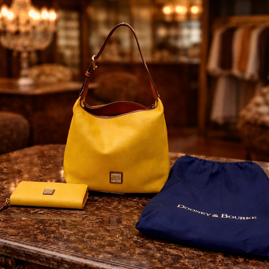 Dooney & Bourke Pebble Grain Kiley Hobo Bag Dandelion Yellow Wallet Set Leather Purse
