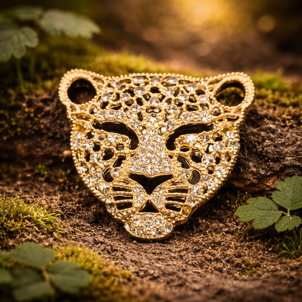 Gold tone rhinestone leopard face brooch openwork cat head pin
