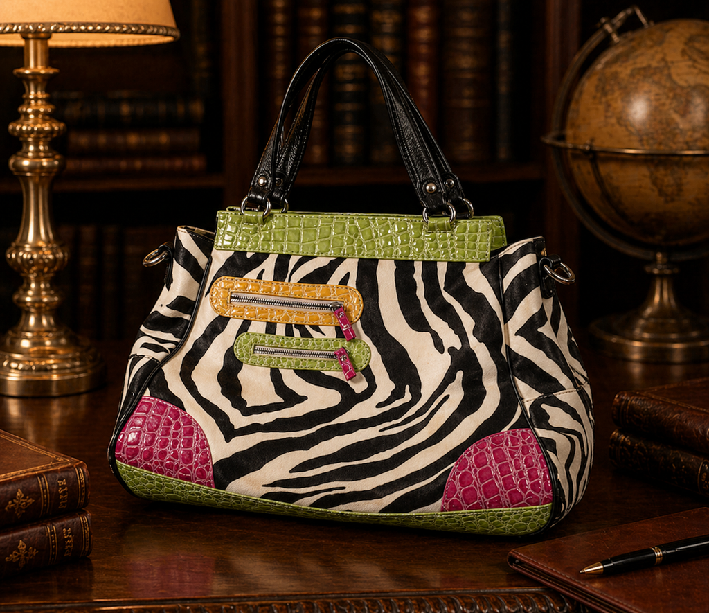 Fun Zebra Print Tote with Pink & Green Croc Trim, Large Statement Shoulder Bag