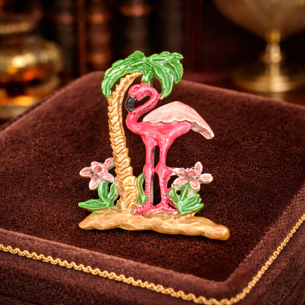 Vintage Pink Flamingo Brooch Tropical Palm Tree Enamel Bird Pin Florida Vacation Style