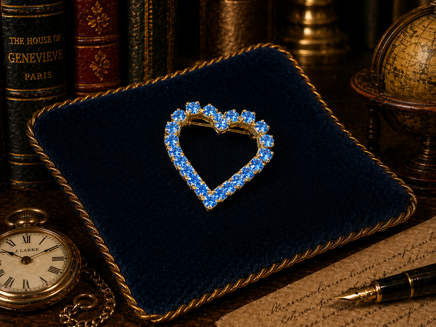 Gold tone open-heart brooch with blue rhinestones