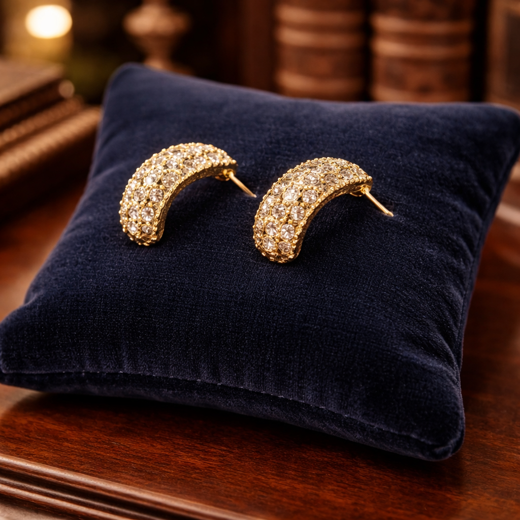 Swarovski Gold Tone Pavé Crystal Half Hoop Earrings Rhinestone Curve Designer Statement Jewelry