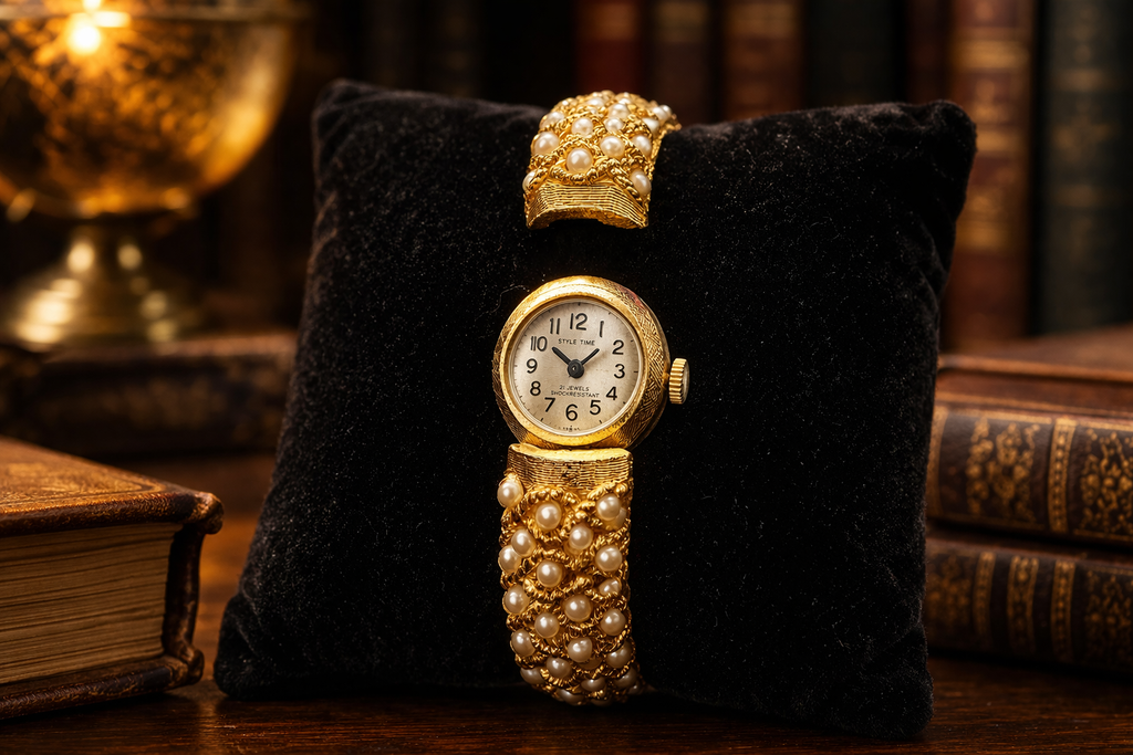 Vintage Style Time Gold Tone Faux Pearl Bracelet Watch Ladies Wristwatch