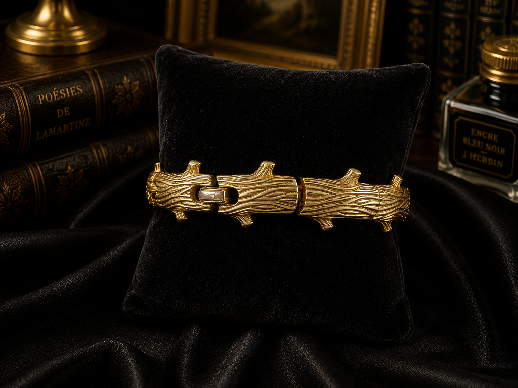 (SOLD) Trifari Gold Tone Log Link Bracelet | Vintage Textured Woodgrain Statement Bracelet