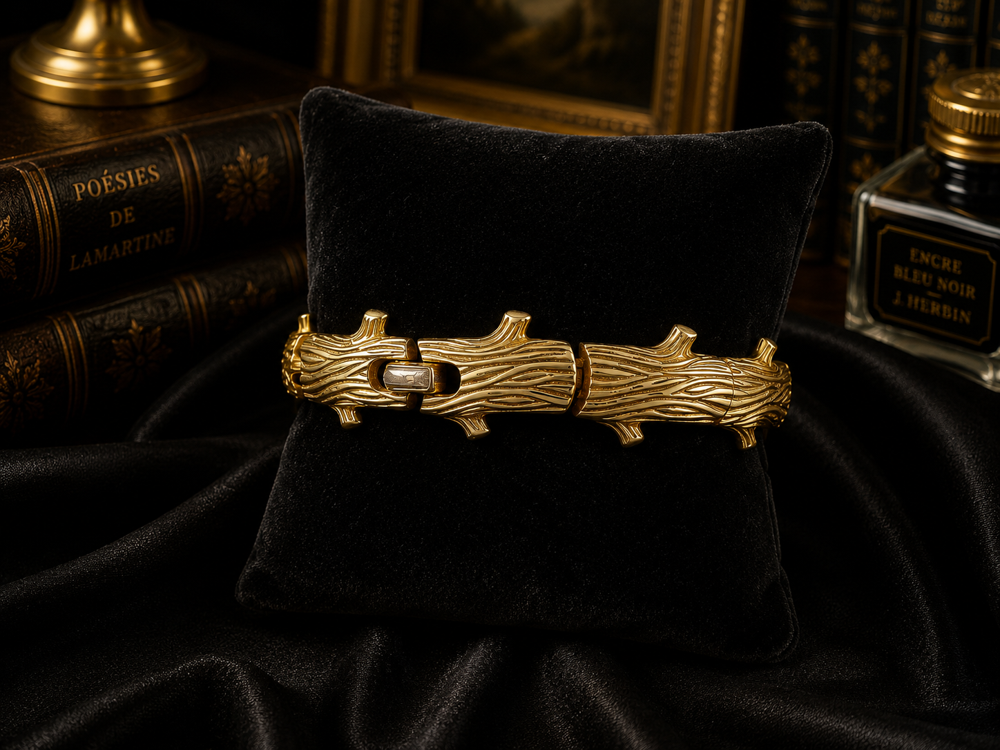 (SOLD) Trifari Gold Tone Log Link Bracelet | Vintage Textured Woodgrain Statement Bracelet