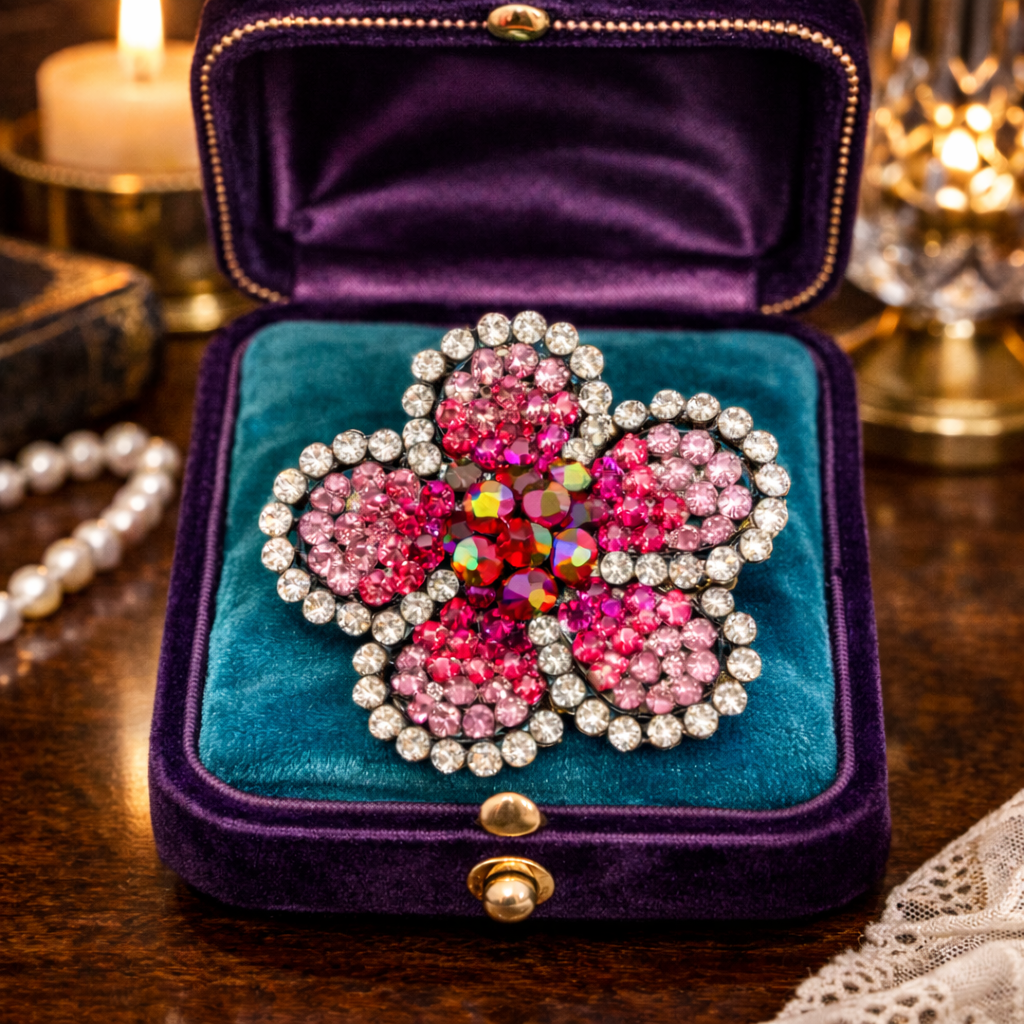 Vintage Pink Rhinestone Flower Brooch Pin with Clear Crystal Halo | Layered Floral Statement Jewelry