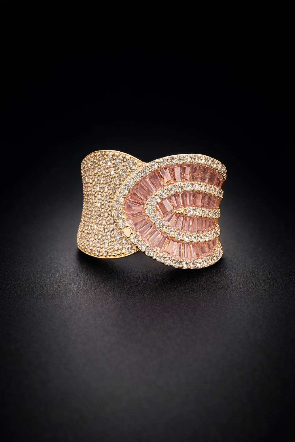 Rose Gold Tone Pink Crystal Statement Ring Baguette Wave Cocktail Design