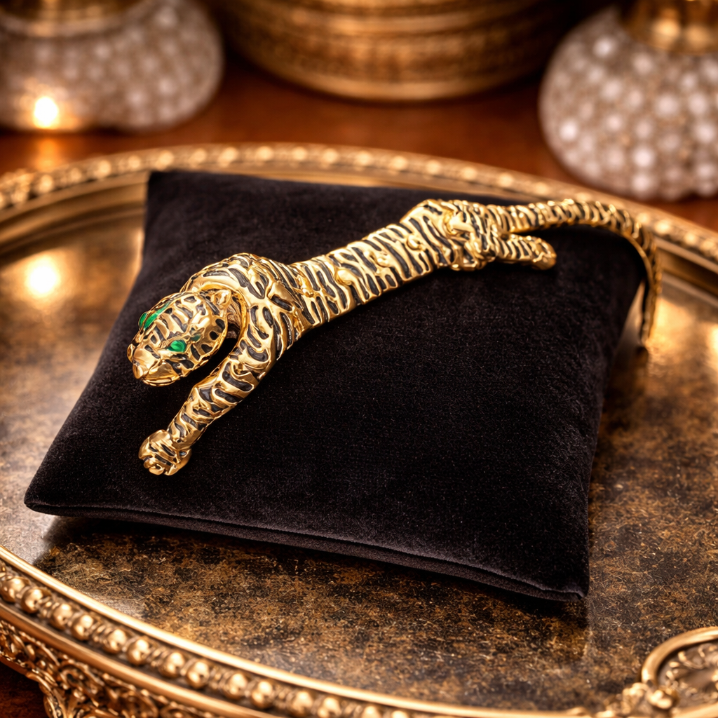 Gold Tone Articulated Tiger Brooch Green Eye Detail Jointed Design