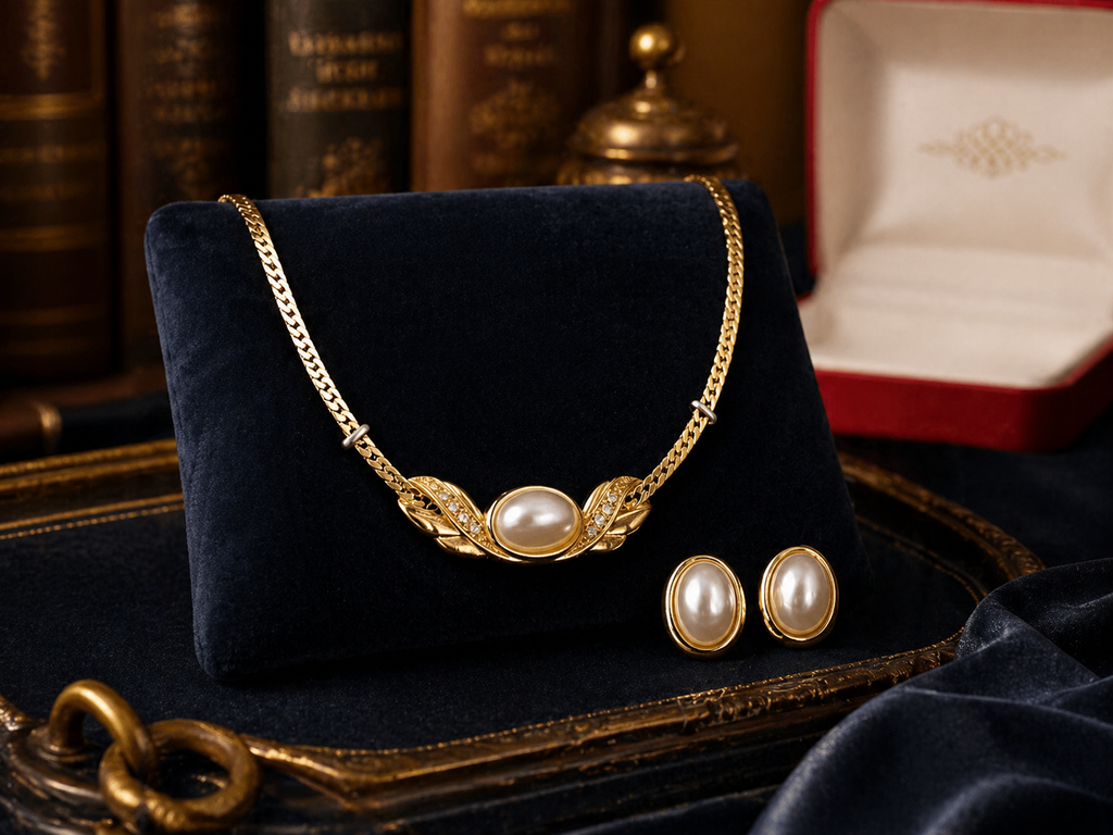 Gold Tone Faux Pearl Necklace and Earring Set With Original Box