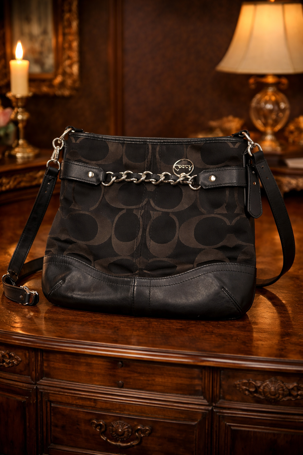 Coach Signature C Canvas Crossbody Bag | Black Leather Trim Chain Accent Shoulder Purse