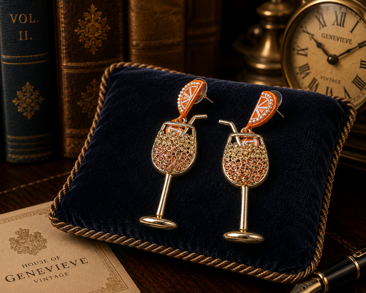 Cocktail Drop Earrings Gold Tone Orange with Crystal Detail