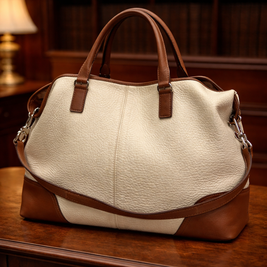 Coach Hadley Cream Pebbled Leather Shoulder Bag Brown Trim Crossbody Tote Purse