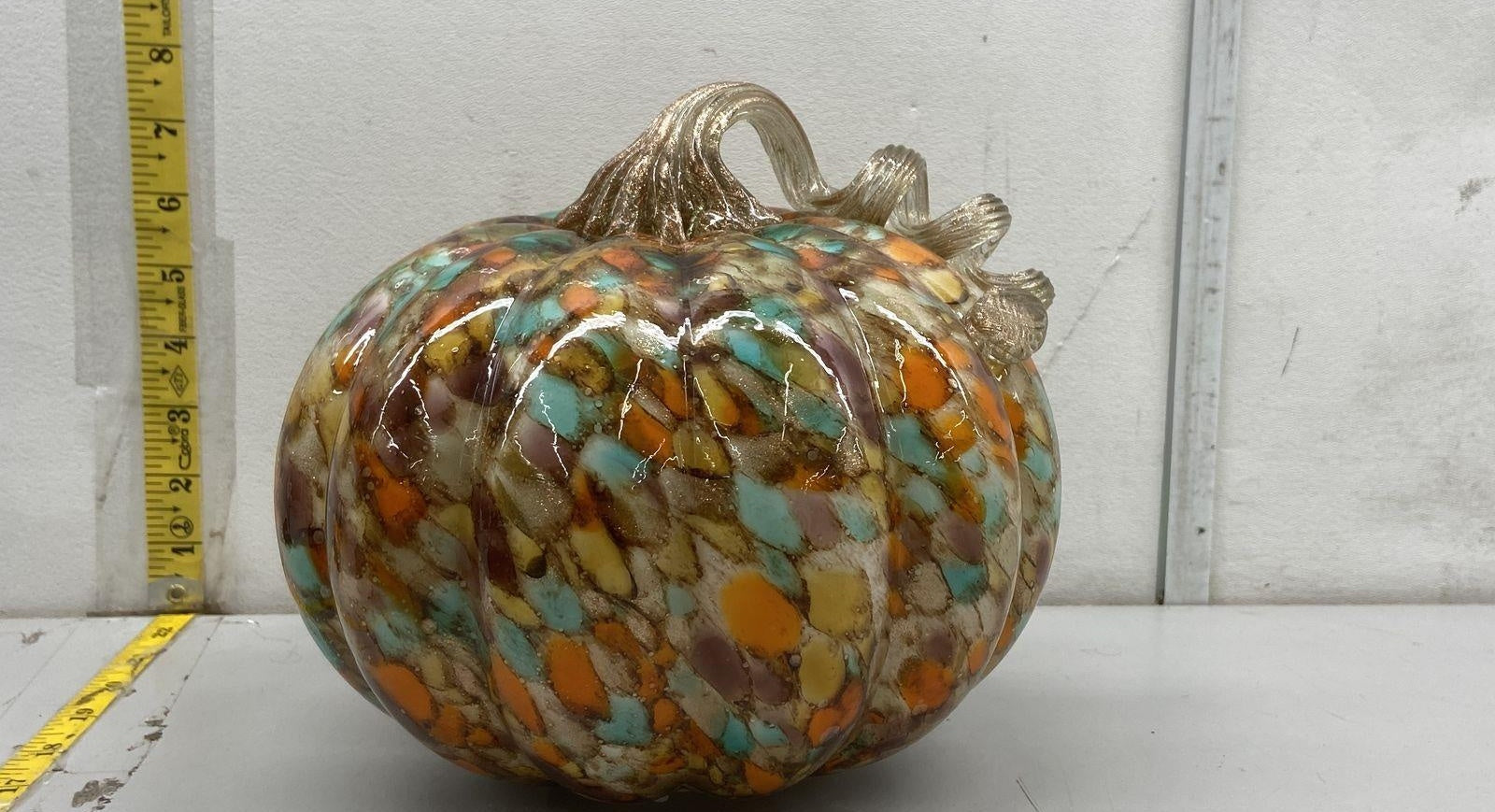 Art Glass Light Up Pumpkin Confetti Mosaic LED Halloween Decor 9 Inch