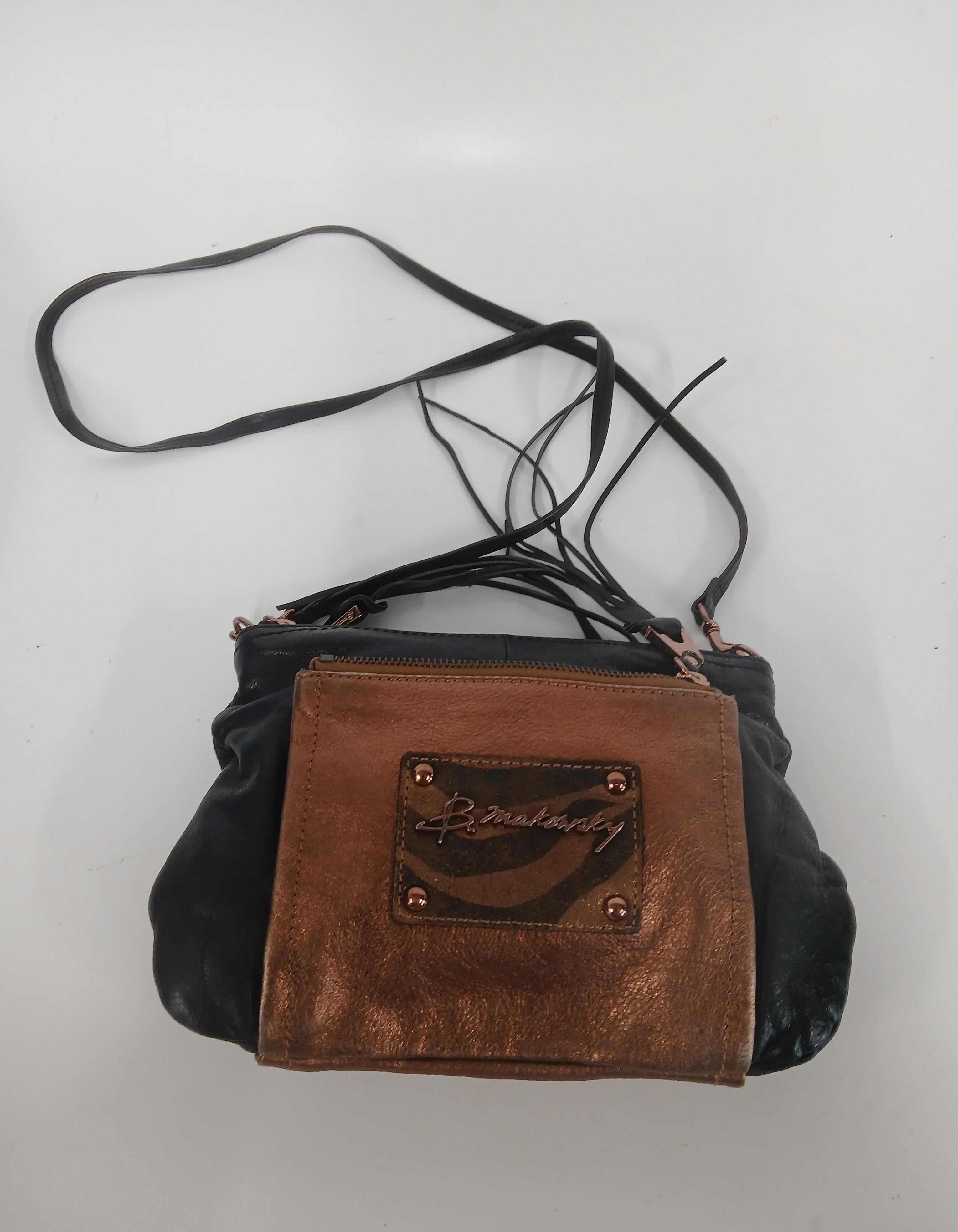 B. Makowsky Brown and Black Crossbody Bag with Animal Print Interior