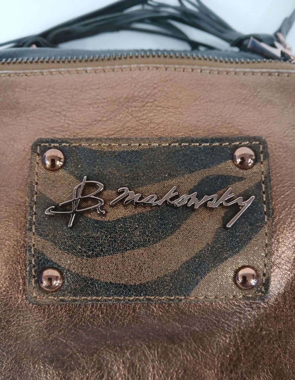 B. Makowsky Brown and Black Crossbody Bag with Animal Print Interior