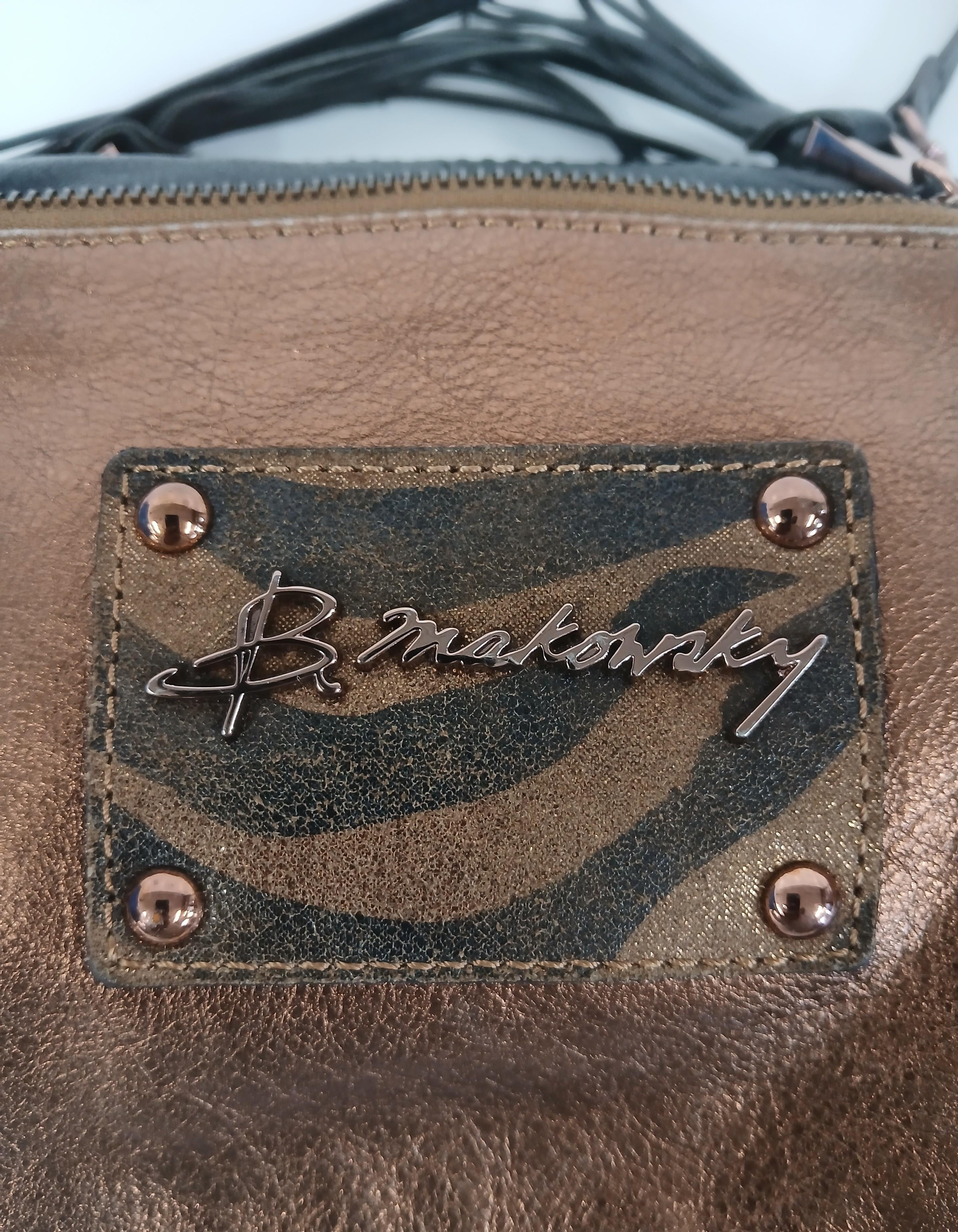B. Makowsky Brown and Black Crossbody Bag with Animal Print Interior