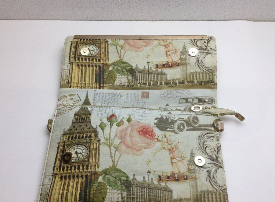 BMC Textured Postage Stamp Design Clutch | London Paris Travel Print Wristlet Bag