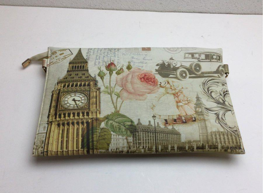 BMC Textured Postage Stamp Design Clutch | London Paris Travel Print Wristlet Bag