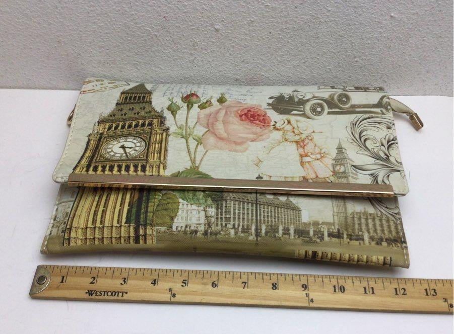 BMC Textured Postage Stamp Design Clutch | London Paris Travel Print Wristlet Bag