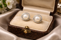 Silver Tone Faux Pearl Stud Earrings Round Layered Button Design Classic Vintage Style Elegant Minimalist Jewelry