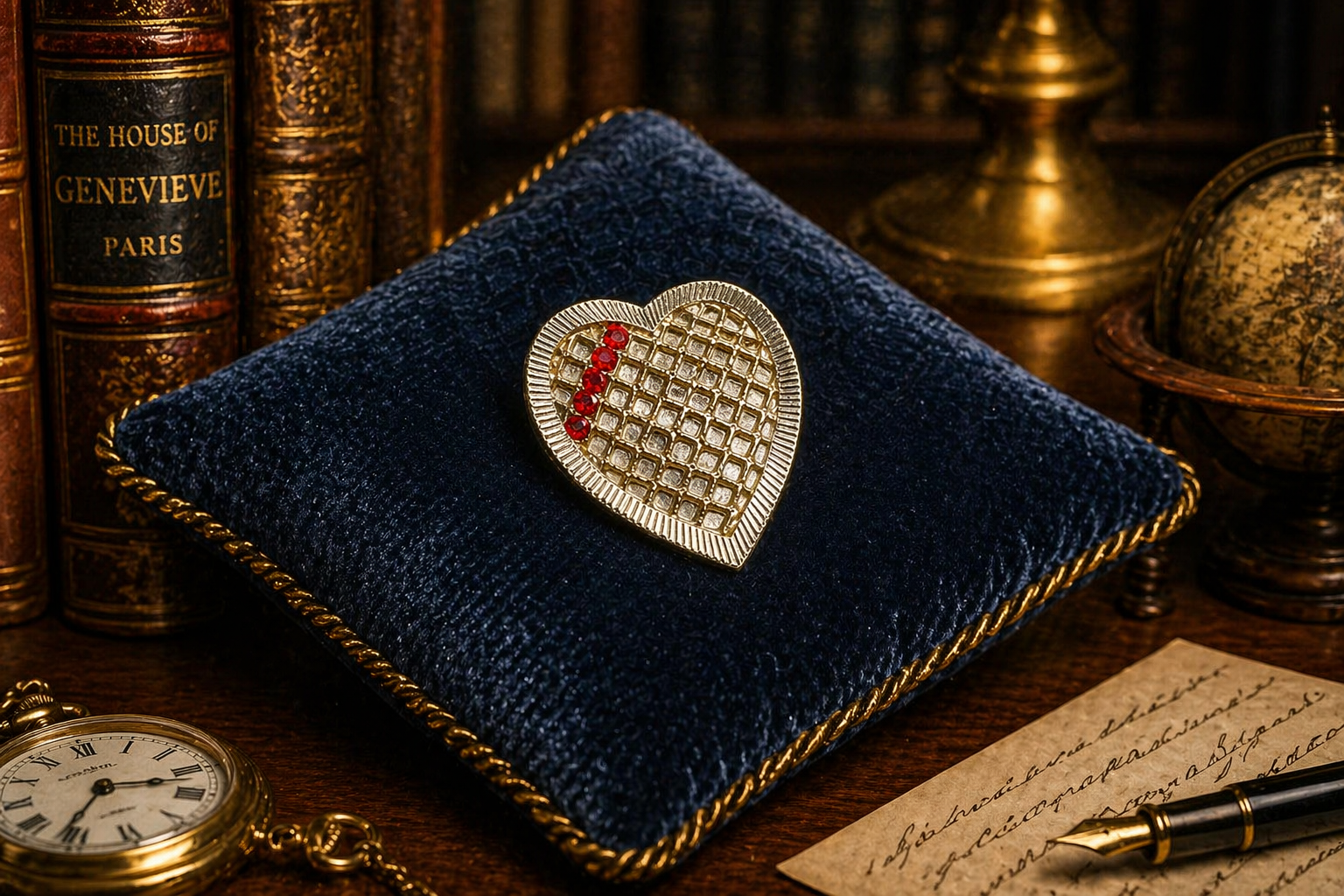 Pale Gold tone heart brooch with red rhinestones and textured lattice design
