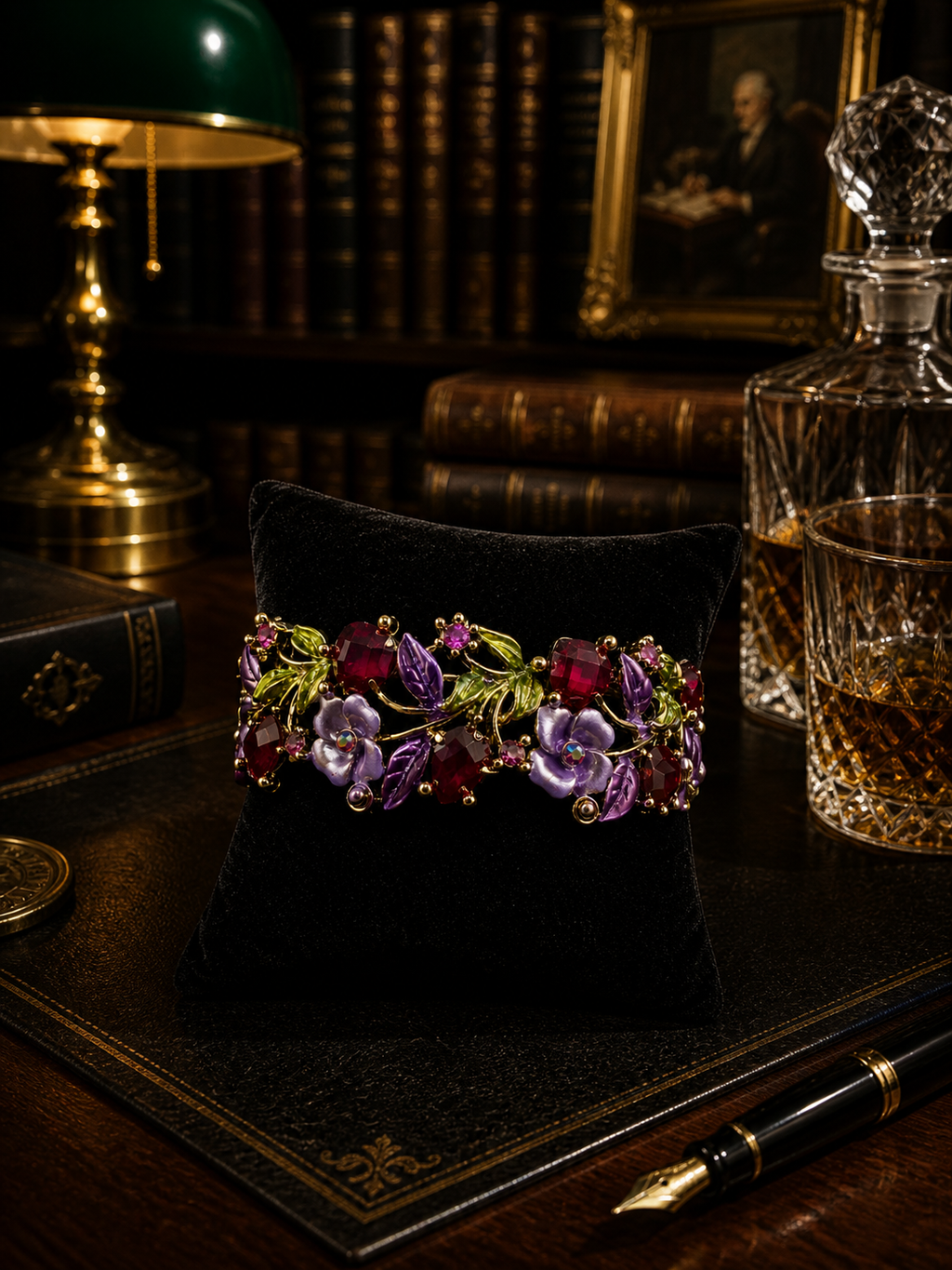 Vintage Gold Tone Purple Floral Crystal Bracelet with Green Enamel Leaves and Pink Rhinestone Accents