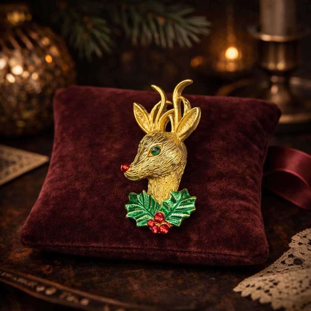Gerry’s Vintage Reindeer Christmas Brooch Gold Tone Deer Pin with Holly Holiday Jewelry