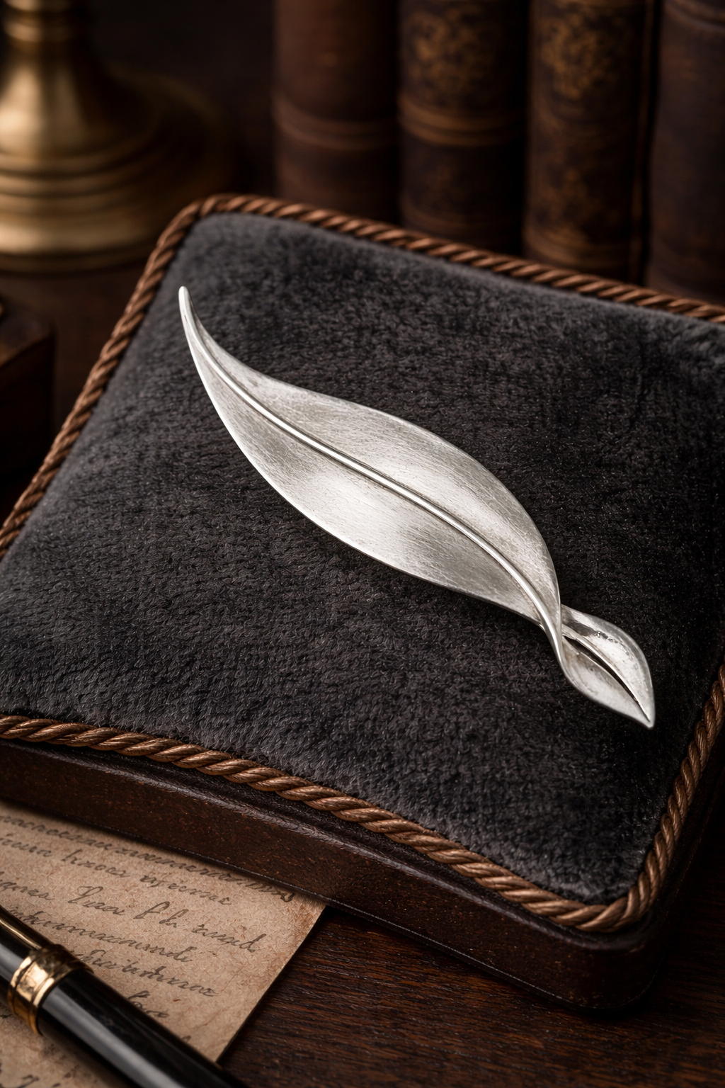 Vintage Trifari Silver Tone Leaf Brooch Brushed Metal Modernist Minimalist Pin Signed Classic Elegant Jewelry