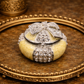 Enamel Mushroom Cap Magnetic Trinket Box Rhinestone Bow Lid Silver Tone Detail