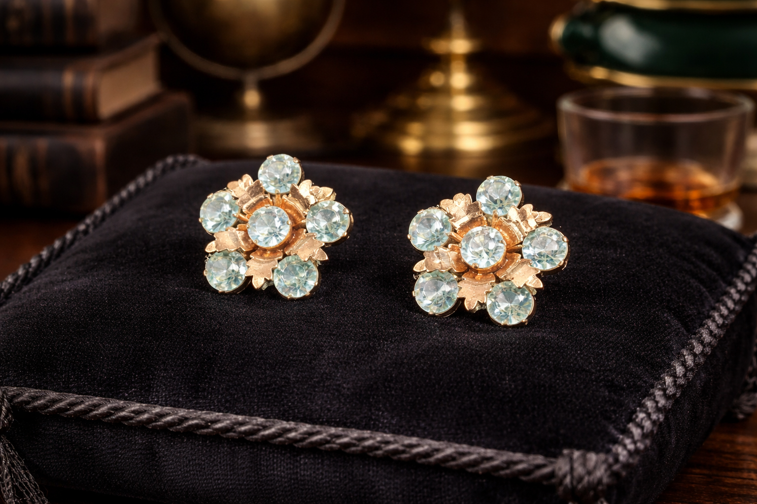 Gold Tone Blue Crystal Floral Cluster Screw Back Earrings Vintage Rhinestone Flower Statement Jewelry