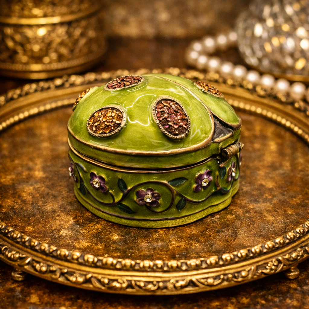 Green Ladybug Trinket Box with Floral Trim | Rhinestone Accent Enamel Figurine Box