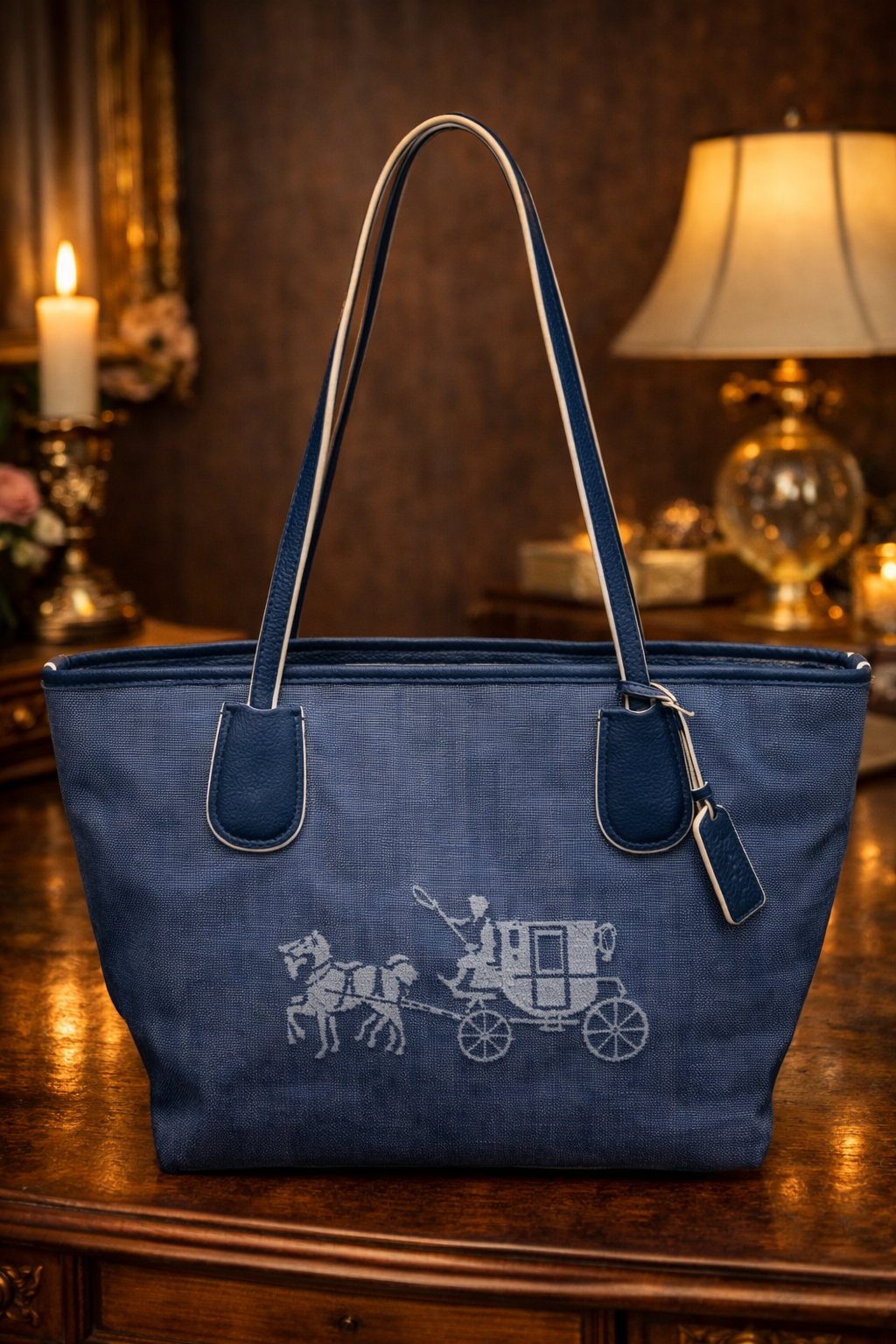 Coach Horse & Carriage Blue Canvas Tote Bag | Vintage Signature Shopper Shoulder Bag