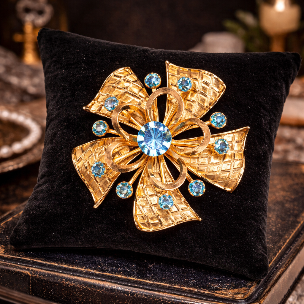Vintage Gold Tone Blue Rhinestone Flower Brooch with Pendant Loop | Convertible Floral Pin Pendant