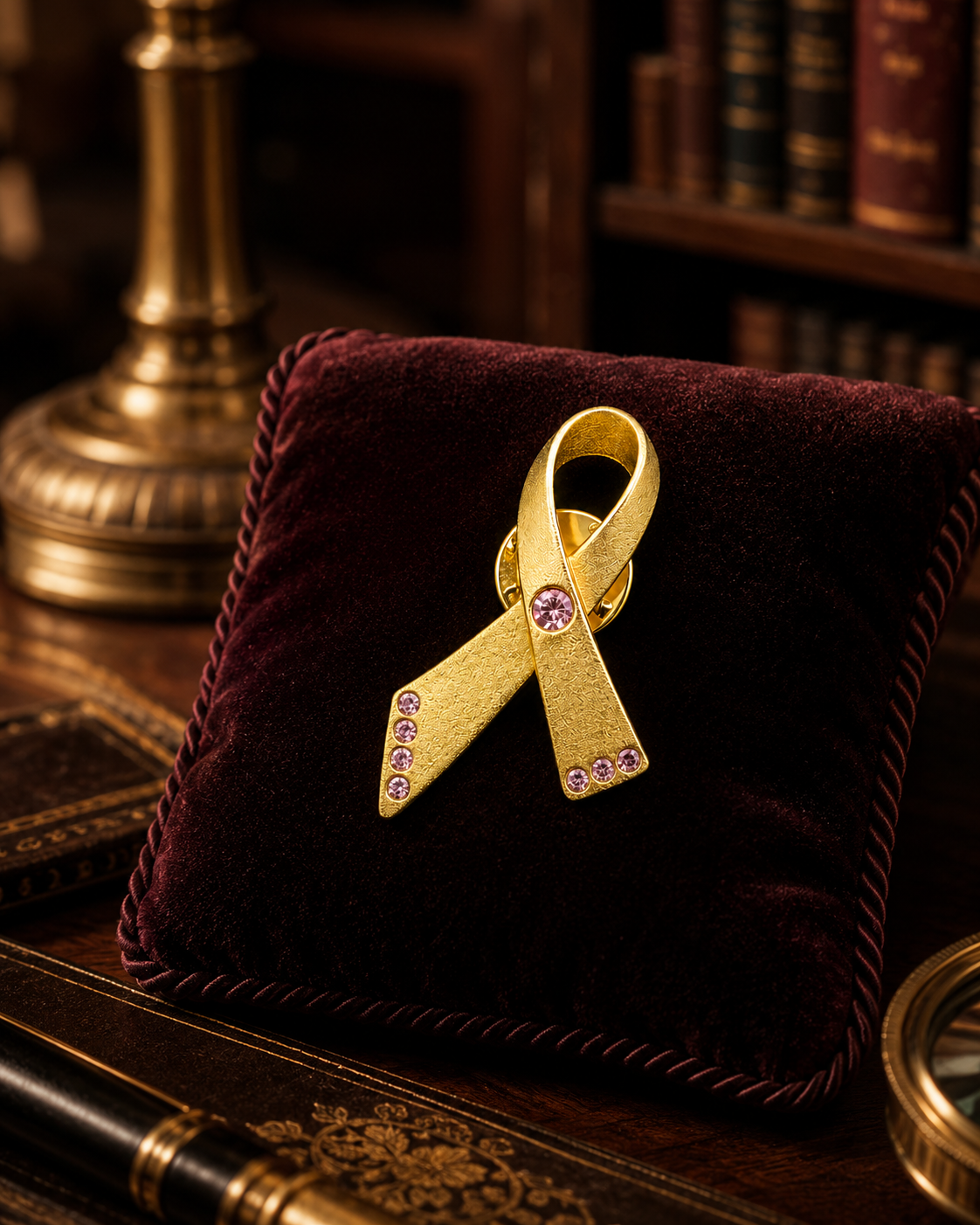 Avon Gold Tone Pink Crystal Ribbon Brooch with Textured Awareness Ribbon Design