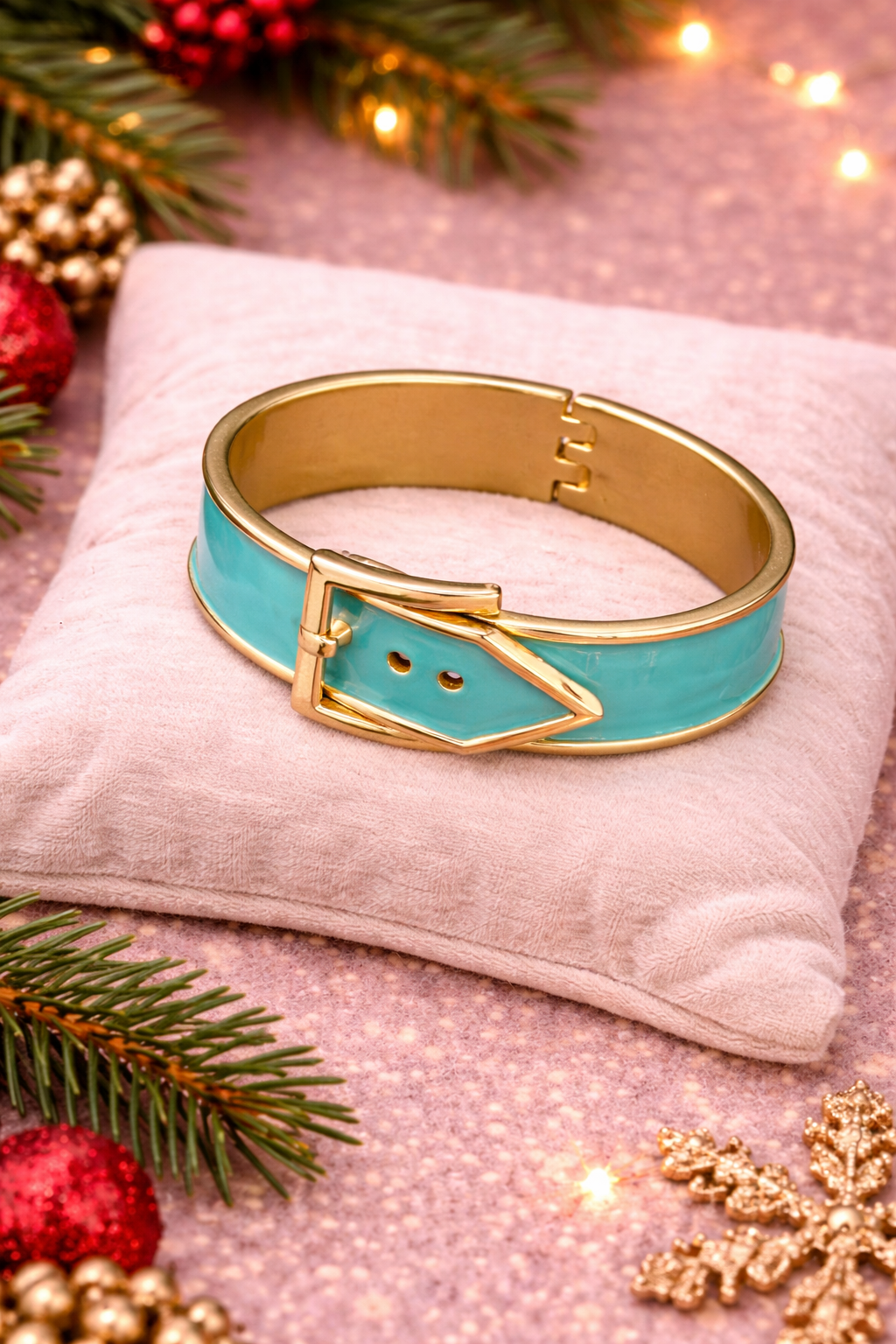 Gold Tone Turquoise Enamel Geometric Statement Bracelet
